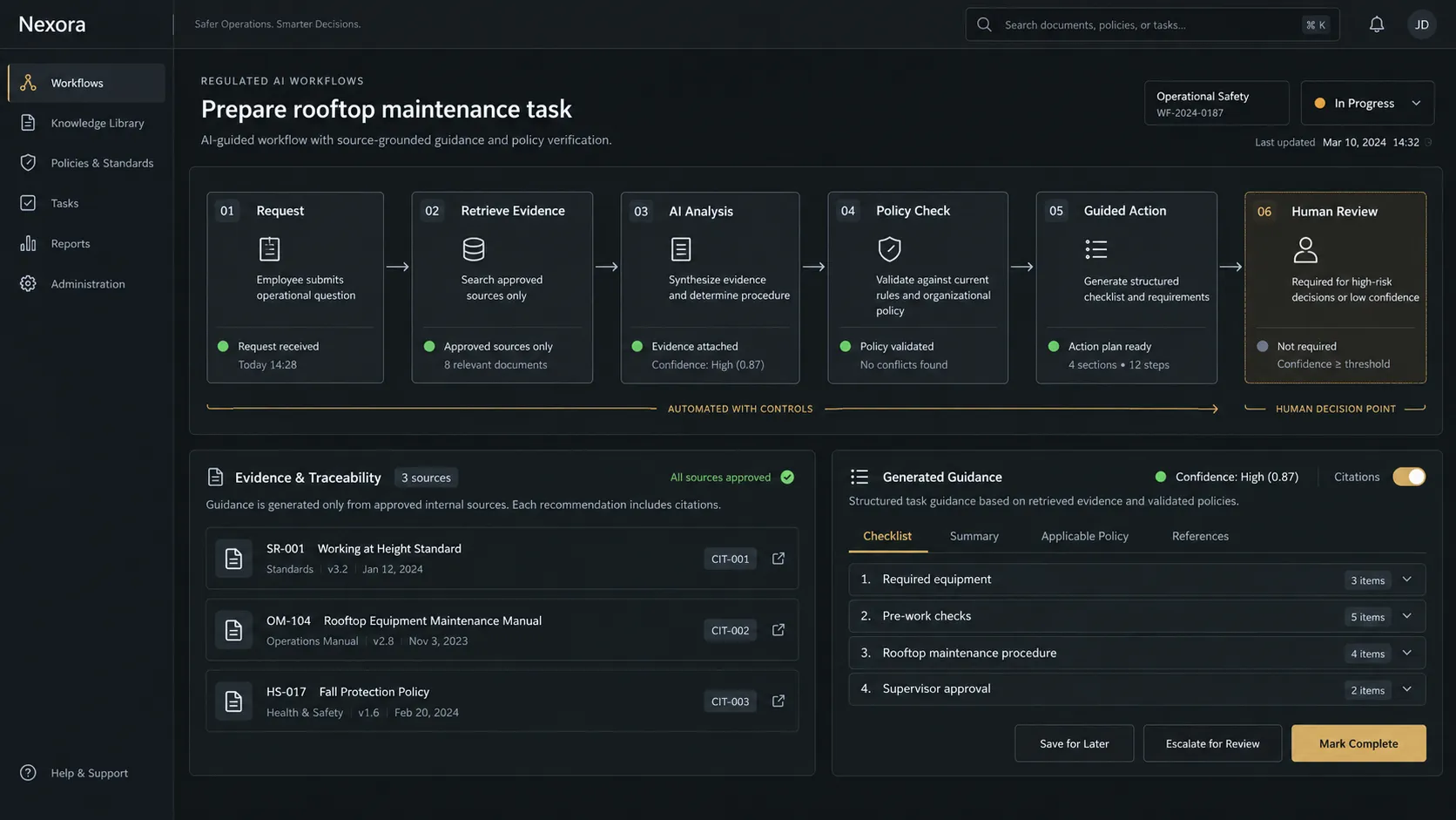 AI-guided workflow interface with evidence retrieval, policy checks, and human review.
